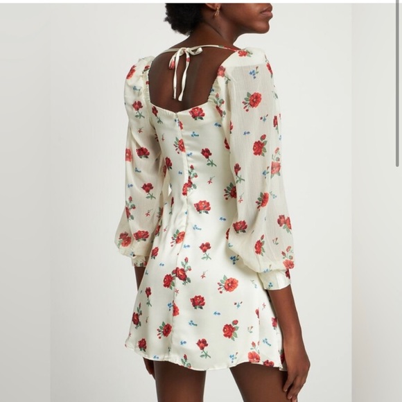 NWT WE WORE WHAT Optic White Multi Floral Puff Sleeve Cowl Neck Mini Dress. - Picture 2 of 3